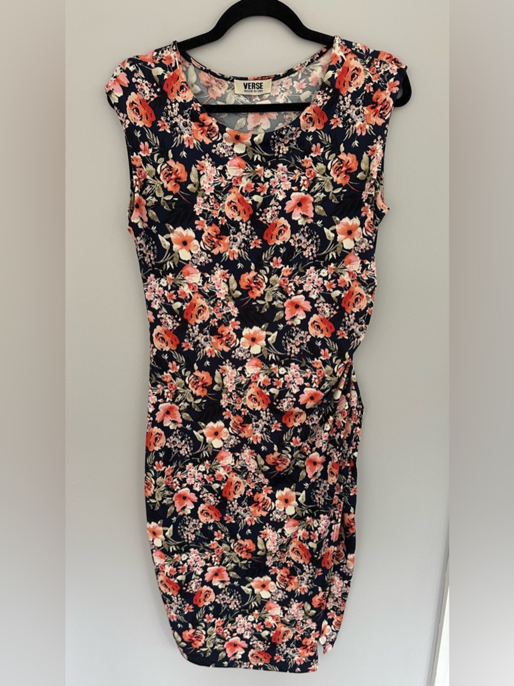VERSE Navy Floral Midi Sheath Dress with Coral Blooms Stretchy Feminine Fit